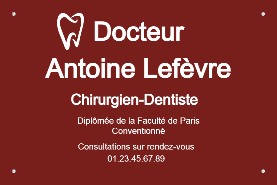 Plaque chirurgien dentiste - en Aluminium rouge - taille 300x200 mm - Assurez la visibilité de votre cabinet avec une plaque de chirurgien-dentiste conforme aux exigences de l'ONCD et du Code de la santé publique. Nous vous proposons des supports de haute qualité en laiton prestigieux, plexiglas moderne ou aluminium résistant, respectant le format réglementaire de 30 x 25 cm. Personnalisez votre signalétique avec vos titres, diplômes et horaires pour informer vos patients avec sobriété et professionnalisme . Profitez d'une fabrication française soignée, d'un aperçu en temps réel et d'une livraison rapide sous 5 à 15 jours . Faites confiance à notre expertise pour garantir une image sérieuse et durable à votre exercice libéral. Pourquoi choisir une plaque chirurgien dentiste conforme ? La plaque de dentiste doit respecter le format 30 x 25 cm selon le Code de la santé publique. L'Ordre National des Chirurgiens-Dentistes interdit toute publicité, imposant une signalétique sobre en laiton ou plexiglas pour identifier le cabinet. Le respect de ce cadre réglementaire est le garant d'une installation sereine , sous l'œil vigilant de l'Ordre National des Chirurgiens-Dentistes (ONCD). Respecter les obligations déontologiques de l'ONCD L'Ordre National des Chirurgiens-Dentistes veille au respect du Code de déontologie. La plaque n'est pas un outil marketing mais une information nécessaire au public . Elle identifie simplement votre lieu d'exercice. Toute publicité commerciale reste strictement interdite pour les praticiens. Vous trouverez des modèles adaptés sur notre page dédiée aux plaques professionnelles pour garantir votre conformité. Le Code de la santé publique encadre la communication. Une signalétique non conforme expose à des sanctions . L'ONCD assure des missions essentielles pour la profession : Protection de l'honneur de la profession. Contrôle rigoureux de la signalétique. Respect absolu du secret professionnel. Garantir une visibilité sobre et professionnelle La sobriété visuelle renforce la confiance des patients . Une plaque épurée projette une image de sérieux et de compétence. Utilisez des polices de caractères classiques et lisibles pour vos informations. Il faut distinguer la plaque principale de la signalétique intermédiaire . Cette dernière guide le patient dans l'immeuble sans fioritures inutiles. L'harmonie visuelle globale participe à l'accueil professionnel. Pour compléter votre installation, découvrez nos solutions pour votre plaque d'accueil personnalisée. Évitez les couleurs trop vives ou les logos fantaisistes. Restez fidèle aux standards de la profession dentaire . Les mentions obligatoires et les formats réglementaires Après avoir compris l'enjeu déontologique, attardons-nous sur les éléments concrets à faire graver . Inscrire les informations obligatoires et autorisées Indiquez impérativement vos nom, prénom et titres reconnus par l'Ordre . Ajoutez vos diplômes officiels et vos horaires de consultation. Le numéro de téléphone est essentiel pour les urgences. Mentionnez aussi votre situation vis-à-vis de l'assurance maladie. La clarté des informations facilite le parcours de soin. Pour compléter votre signalétique, vous pouvez consulter nos solutions pour les plaques d'horaires d'ouverture adaptées à votre cabinet. Certains éléments sont formellement prohibés pour conserver la sobriété de la profession : Slogans publicitaires Tarifs détaillés Photos de soins Logos commerciaux non approuvés La précision est votre meilleure alliée. Relisez bien votre maquette avant la validation finale . Maîtriser les dimensions et l'emplacement du support Le format standard recommandé est de 30 x 25 cm . Cette taille permet une lecture aisée sans être ostentatoire. Vérifiez toujours le règlement de votre copropriété. Une bonne intégration architecturale valorise votre entrée. Découvrez comment harmoniser votre plaque avec le bâti pour un rendu élégant et professionnel. Type de plaque Dimensions max Usage conseillé Plaque principale 30x25cm Entrée du bâtiment Plaque de porte 10x5cm Identification bureau Signalétique directionnelle 20x15cm Orientation couloir Les tableaux multi-praticiens regroupent les noms à l'entrée des immeubles. Cela garantit une esthétique uniforme pour tous les professionnels de santé . 3 matériaux recommandés pour une plaque durable Le choix du contenu est fait, mais la durabilité de votre signalétique dépend avant tout du matériau sélectionné . Comparatif entre laiton, plexiglas et aluminium Le laiton massif reste la référence historique pour les professions libérales. Son aspect doré offre un prestige inégalé . Il nécessite toutefois un entretien régulier pour garder son éclat. Comparez les rendus visuels avant de décider en consultant nos plaques par matière . Ce choix influence directement la perception de votre cabinet dentaire . Le plexiglas moderne séduit par sa transparence et sa résistance. Il est parfait pour un look contemporain et ne craint pas l'humidité. L'aluminium, quant à lui, résiste parfaitement aux UV et aux intempéries . C'est un choix robuste et économique. Chaque matière a ses forces. Votre choix dépendra de l'emplacement et de votre budget . Conseils de fixation et entretien du support Utilisez des entretoises en inox pour un rendu élégant. Elles décollent la plaque du mur, créant un effet de relief . La fixation par vis assure une sécurité optimale contre le vol. Pensez à l'harmonie avec vos autres éléments de signalétique, comme votre plaque sonnette interphone . Une cohérence visuelle rassure immédiatement vos patients . Pour l'entretien, un chiffon doux suffit pour le plexiglas et l'aluminium. Le laiton demande un produit spécifique type Mirror pour éviter l'oxydation naturelle. Nettoyez régulièrement pour préserver l'image du cabinet . Nous fournissons tout le nécessaire pour une installation réussie : Vis Caches-vis Entretoises Adhésif double-face puissant pour surfaces lisses