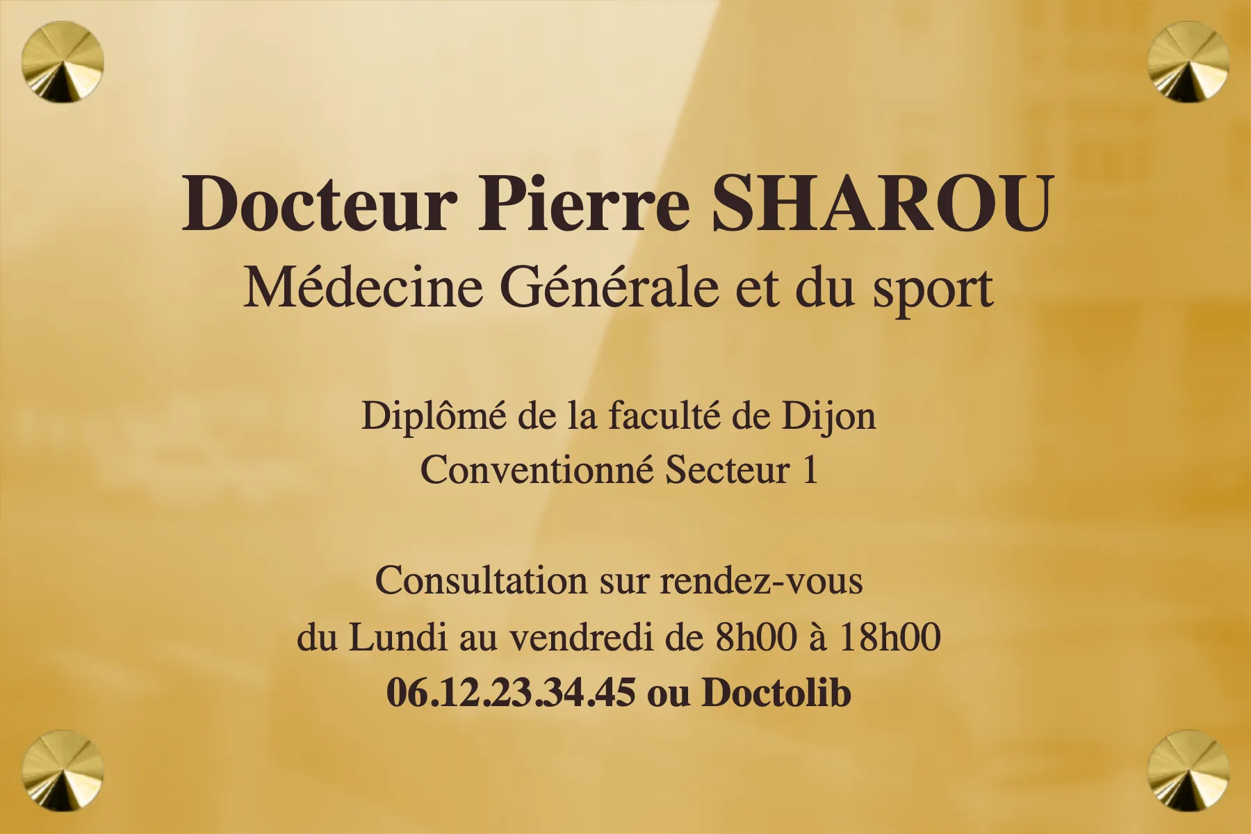 Plaque médecin du sport - Laiton poli miroir • 300x200 mm • Vis avec cache-vis