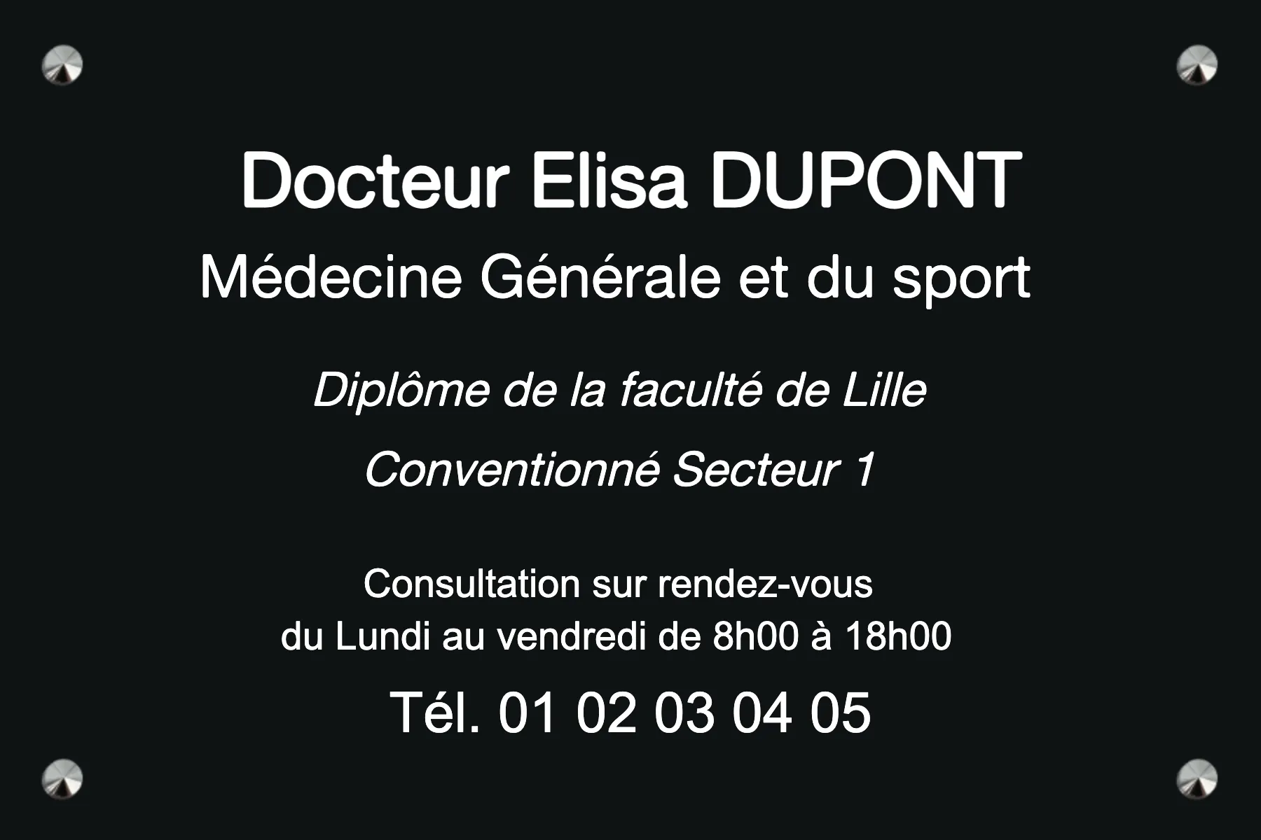 Plaque Médecine Générale - Aluminium noir • 300x200 mm • Vis avec cache-vis
