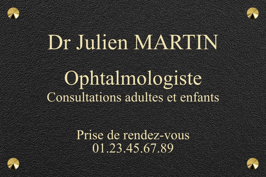 Plaque professionnelle ophtalmologue - Ral noir structure • 300x200 mm • Vis avec cache-vis