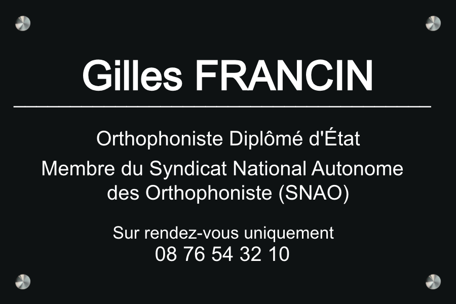 Plaque orthophoniste personnalisée en aluminium noir fixation entretoises — Plaque Orthophoniste