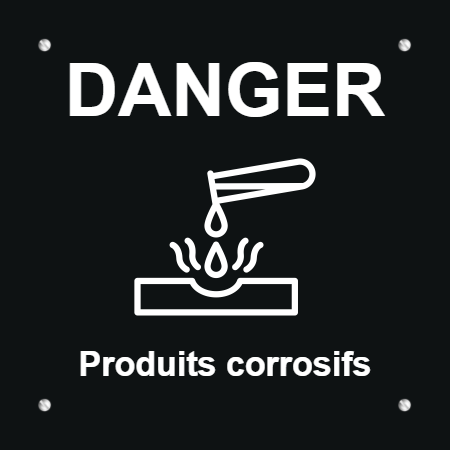 Plaque danger produits corrosifs - Aluminium noir • 150x150 mm • Vis apparentes