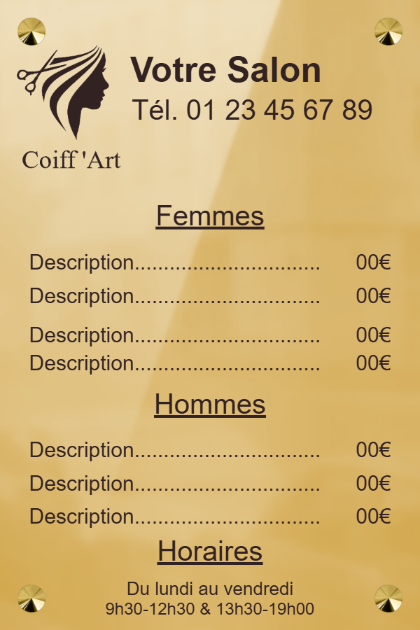 Panneau horaire d'ouverture en laiton poli miroir - Laiton poli miroir • 200x300 mm • Vis avec cache-vis